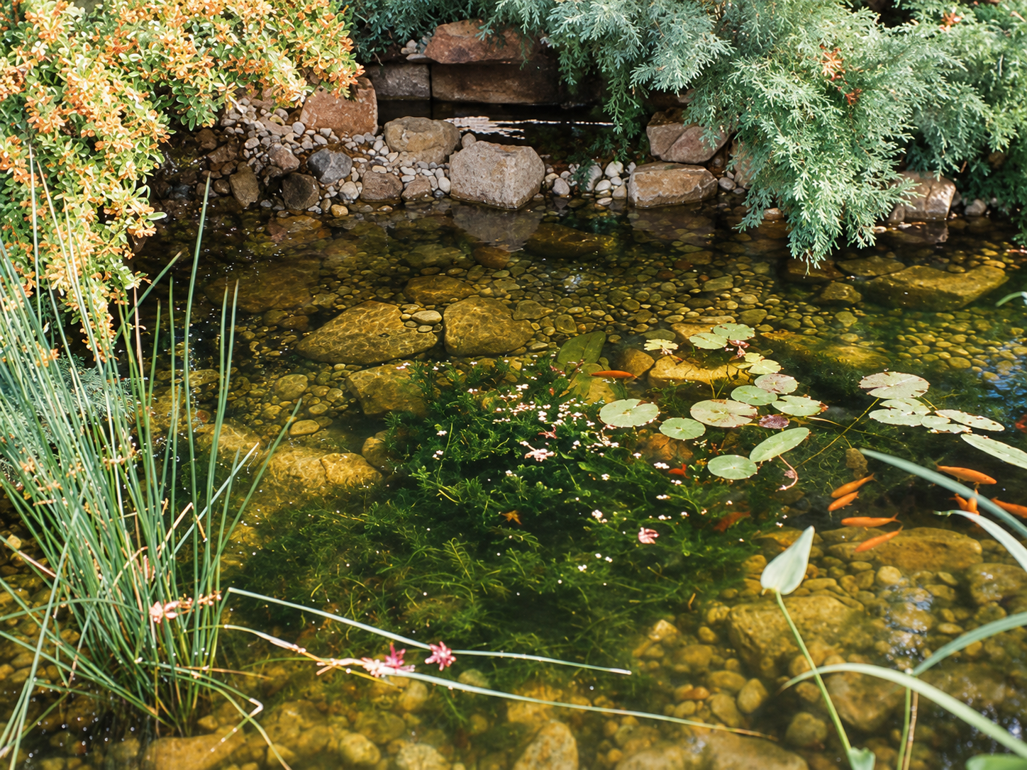 Klarer Gartenteich mit Seerosenblättern, Goldfischen, Steinen und Schilf am Ufer