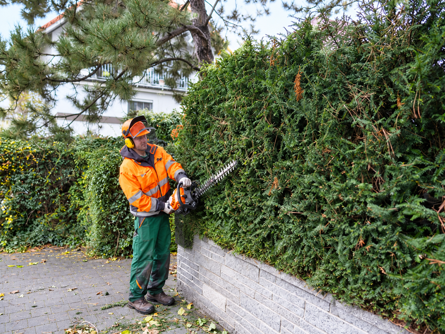 Gärtner in orangefarbener Schutzkleidung schneidet mit einer Heckenschere eine hohe Hecke neben einer Steinmauer