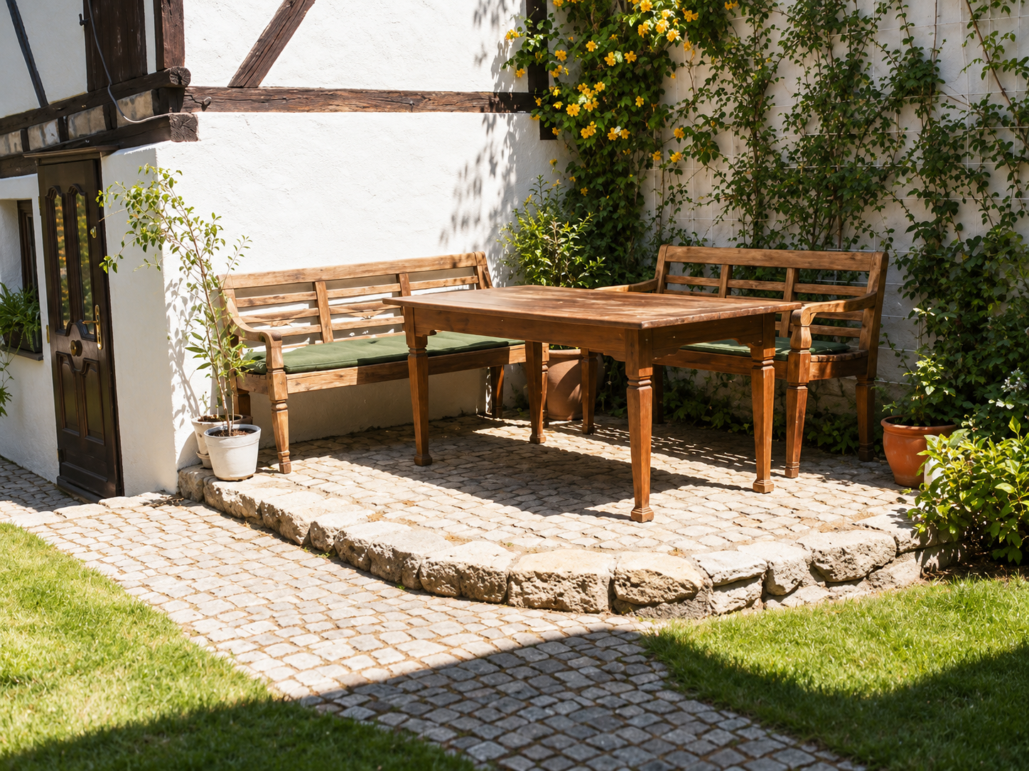Sitzplatz mit Holztisch und zwei Holzbänken auf Natursteinpflaster vor einer weißen Hauswand mit Kletterpflanzen
