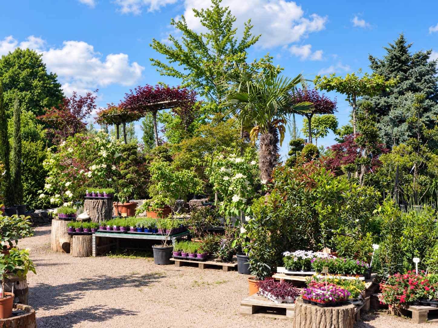 Ausstellungsfläche eines Gartencenters mit Bäumen, Palmen, Blütensträuchern und Pflanzgefäßen auf Kiesboden